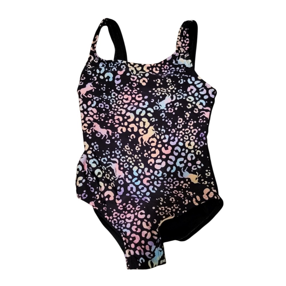 Cat & Jack One Piece Swimsuit Cheetah Unicorn Black Rainbow Girls 6 6X S